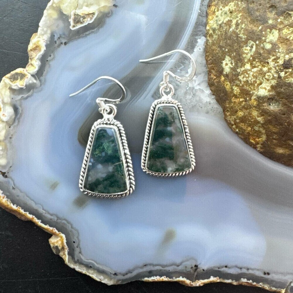 Sterling Southwestern Style Trapezoid Moss Agate Dangle Earrings For Women - Picture 2 of 10